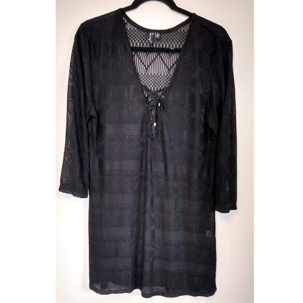 BREEZY Boho Lace Up Mesh Sheer Tunic COVER UP Whimsigoth XL Textured Jacquard - Picture 1 of 8